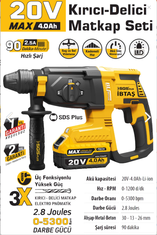 SGS5521 AKÜLÜ ELEKTRO PÜNOMATİK KIRICI DELİCİ SETİ KÖMÜRSÜZ MOTOR 20 VOLT (4.0 Ah)